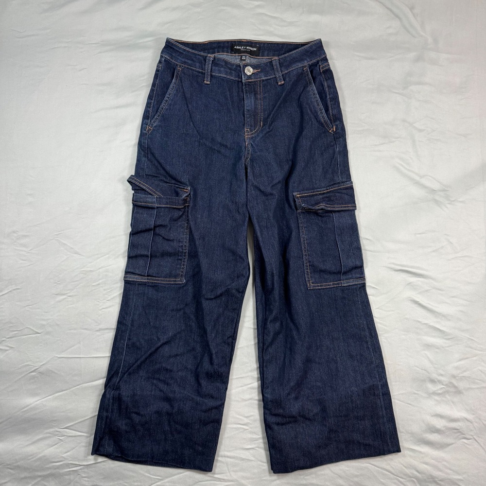 Ashley Mason Premium Dark Wash Wide Leg Cargo Jeans Size 0 (26W) Relaxed Classic
